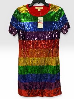 NWT Michael Kors Rainbow Sequined Cotton-Jersey T-Shirt Dress - Women’s Size: XS